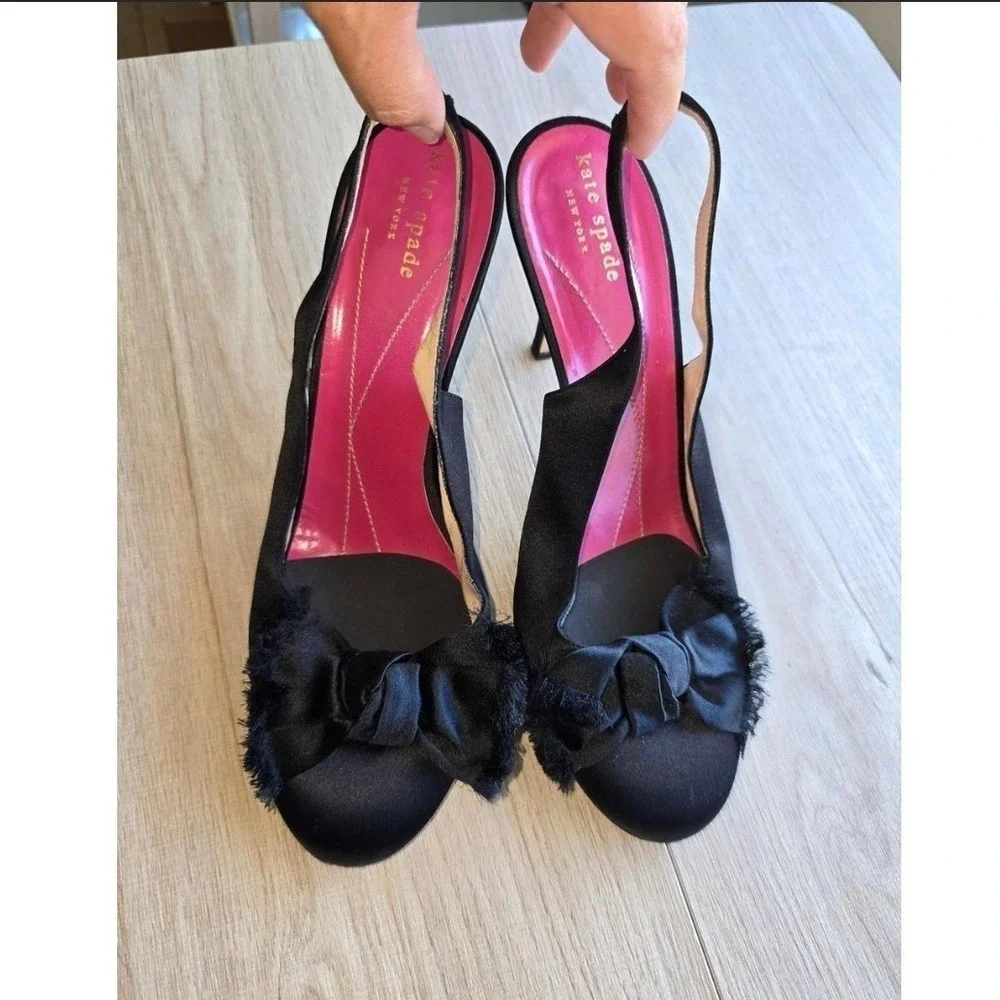 Kate Spade New York Women's Slingback Heels Size 9B Black Satin Bow Italy